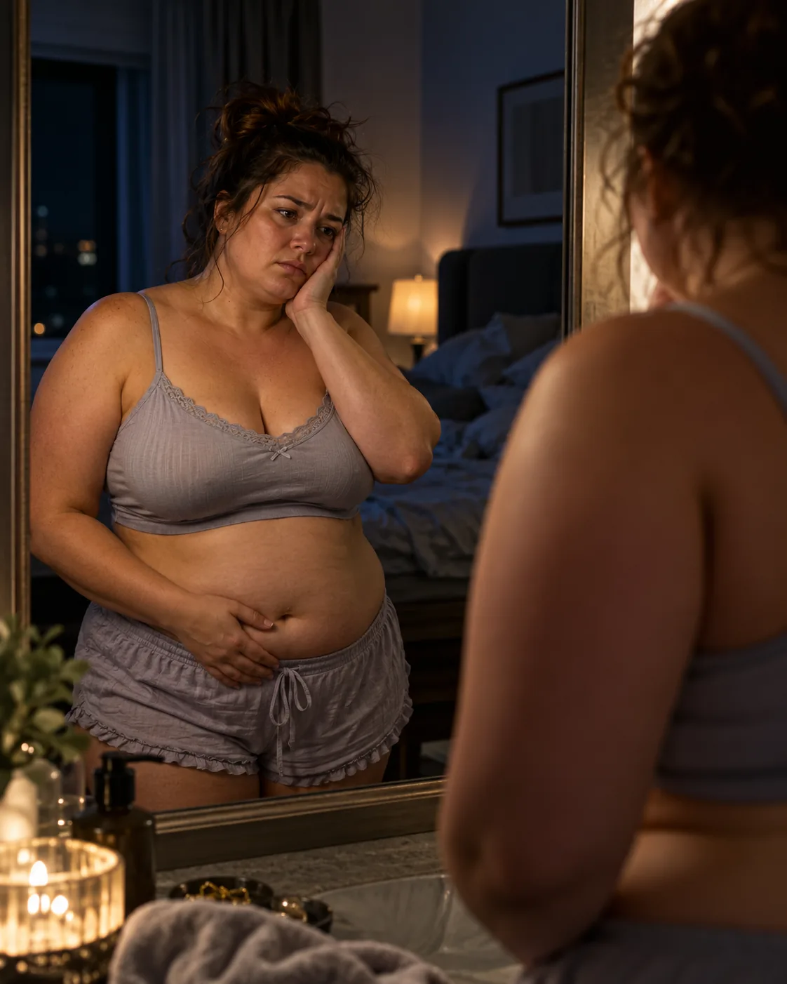 Mulher de corpo mais cheio em um momento de reflexão ao final de um dia cansativo